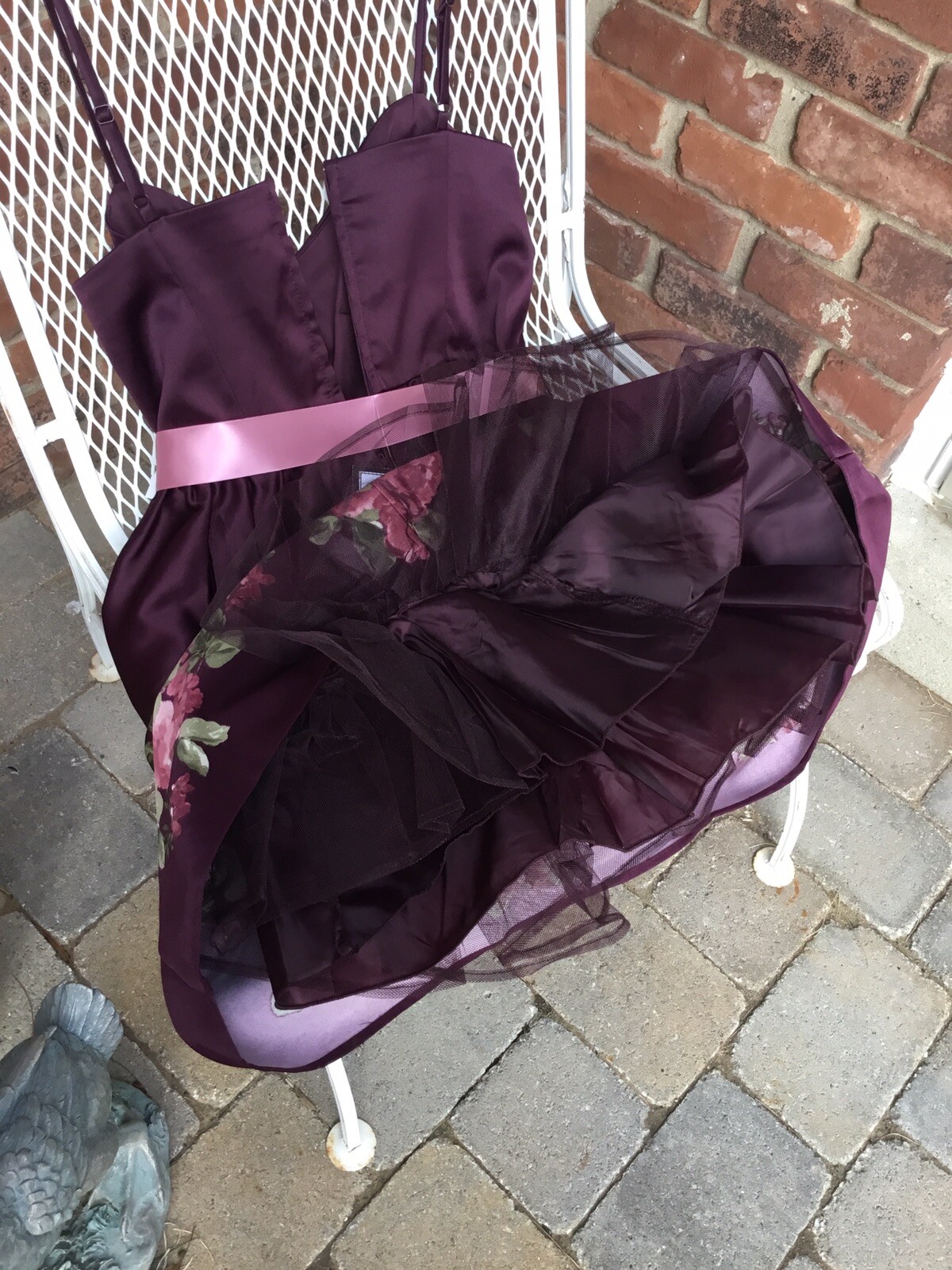 Teeze Me Wine Colored Cocktail Dress With Pink Floral Design & Kremlin Skirt 7