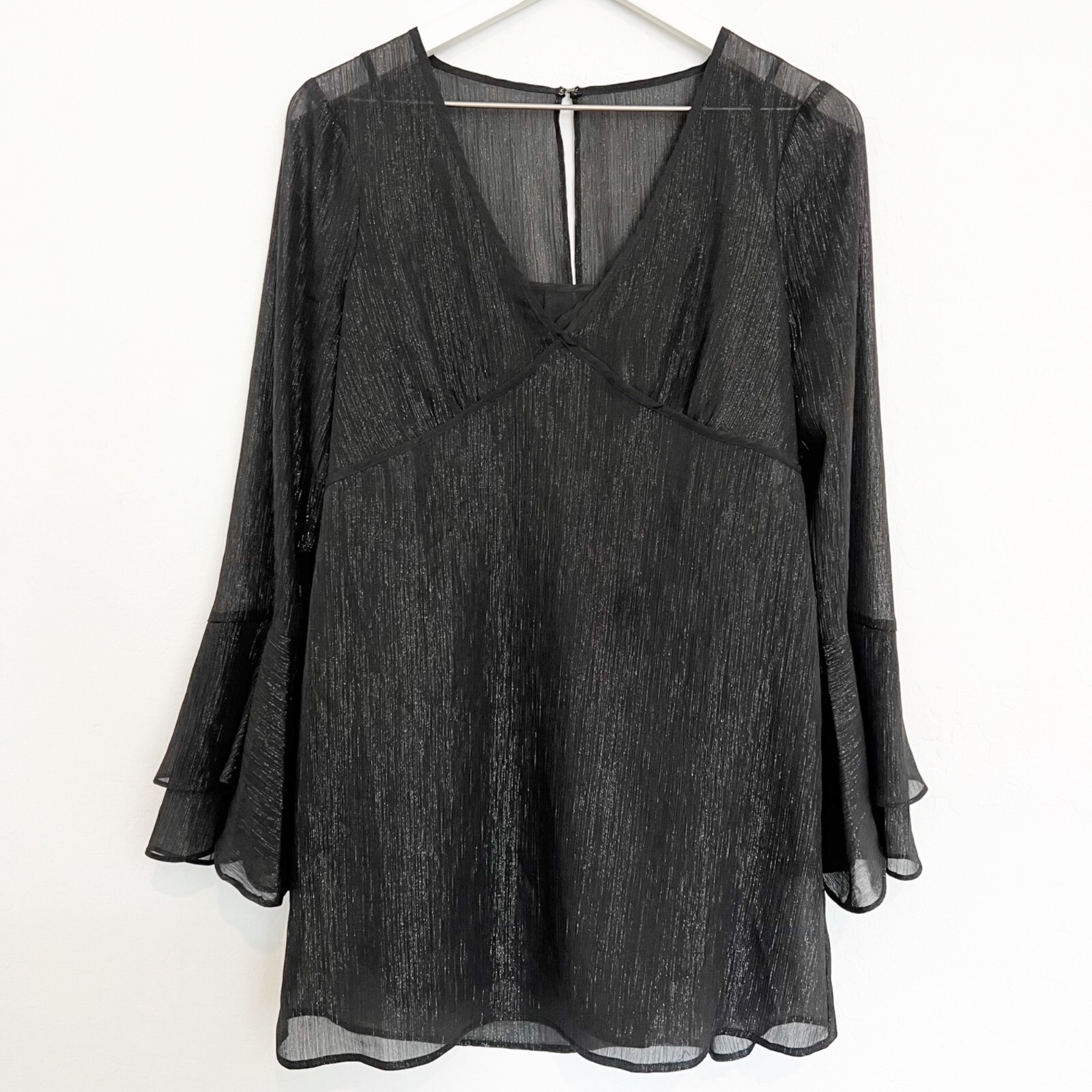 NWT BCBGeneration Size XS Bell Sleeve Sheer Metallic Long Sleeve Mini Dress New