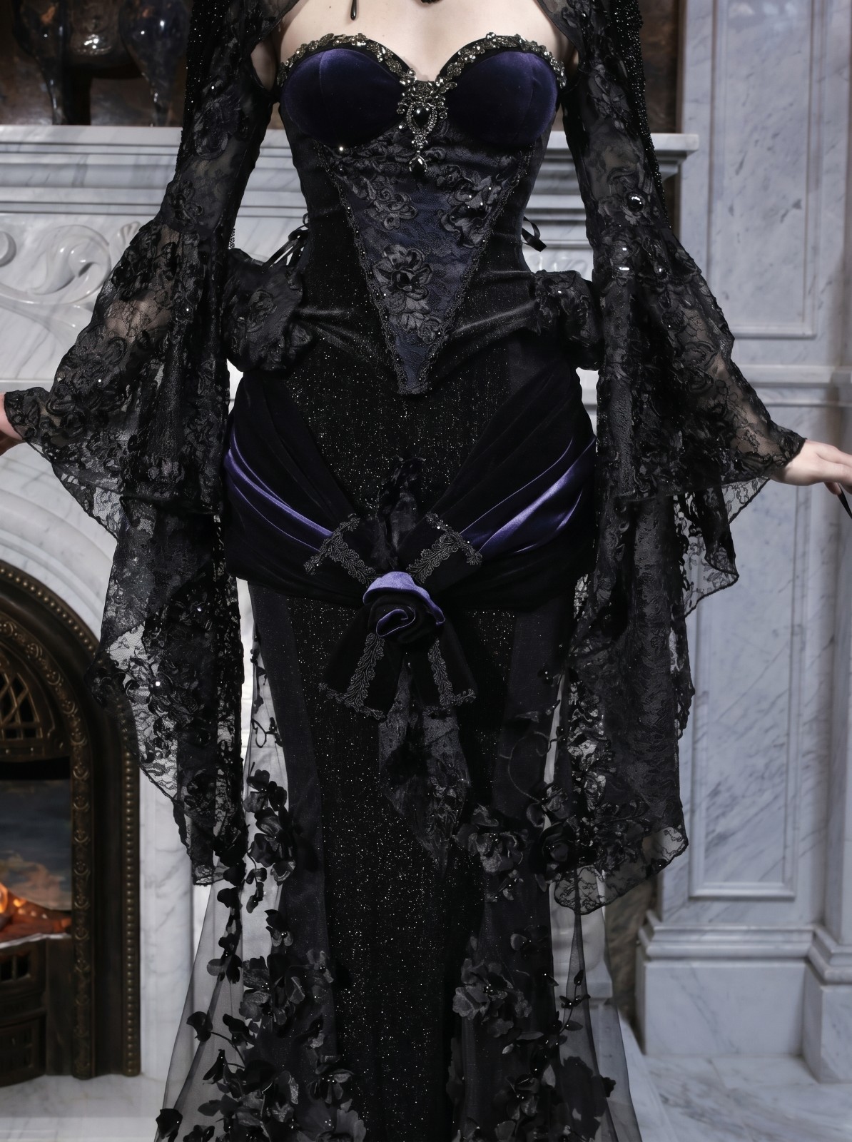 Mourning Day Gothic Beaded Embroidered Fishtail Maxi Dress