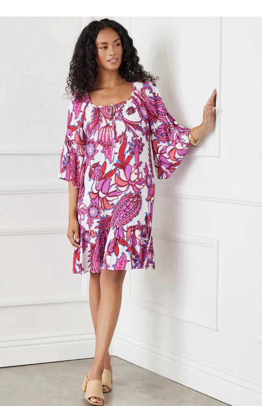 Pink Purple White Floral Knee Length Shift Dress, Flared 3/4 Sleeves Scoop Neck