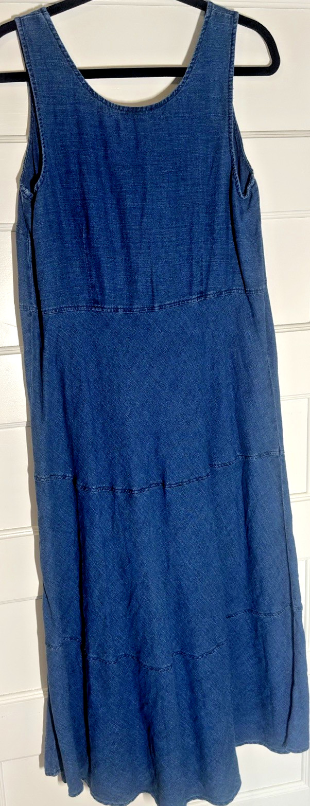 J. Jill Denim Blue Linen Cotton Sleeveless Midi Shift Dress Tall Medium