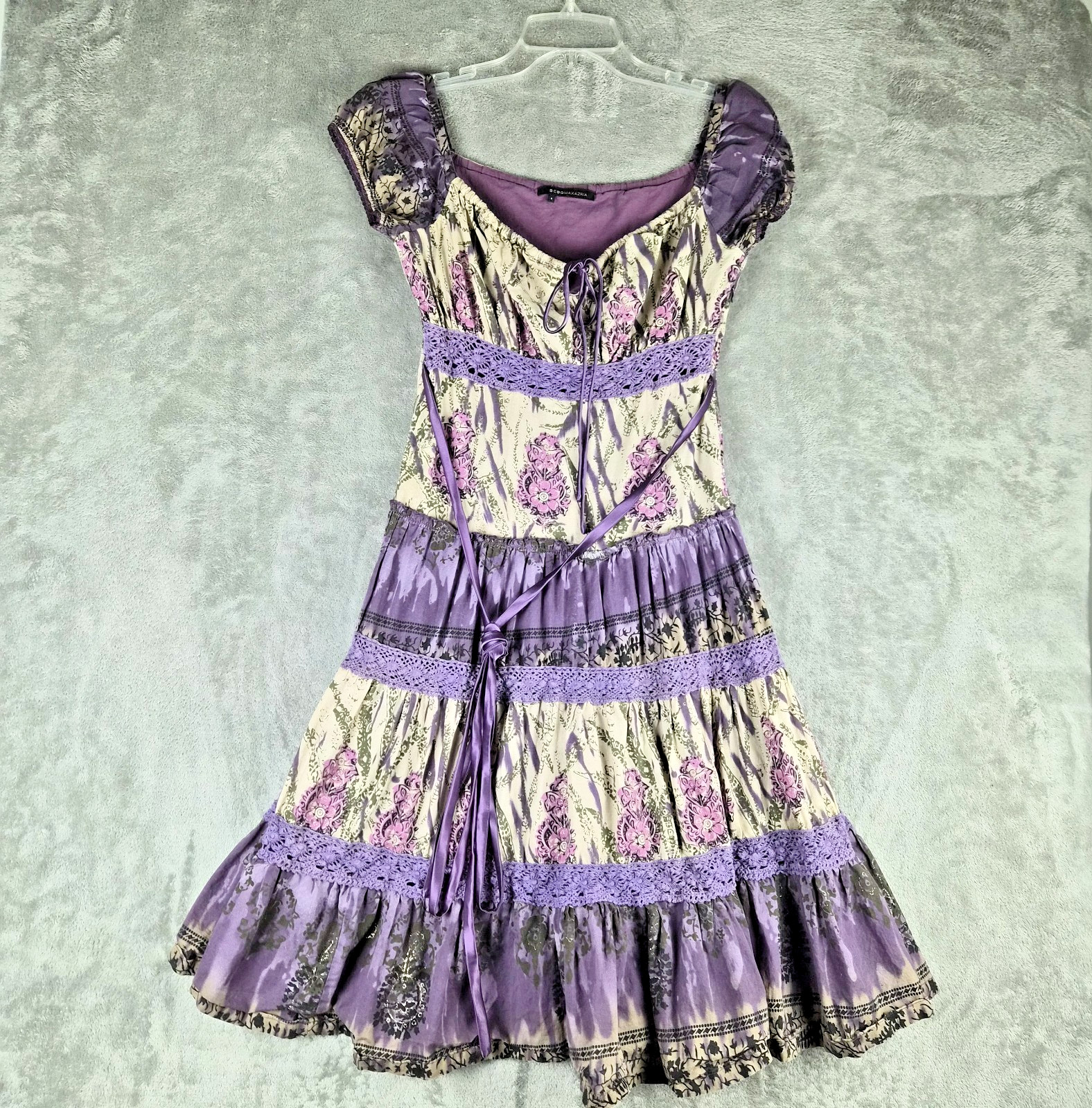 BCBG Max Azaria Dress Womens 6 Purple Floral Cottagecore Boho Fairy Whimsical