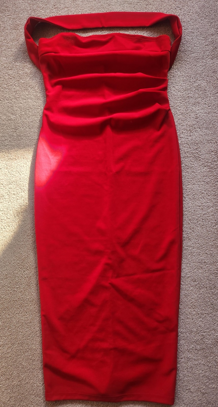 RED Solid Rushed Halter Neck Backless Bodycon Pencil Skirt Midi Dress