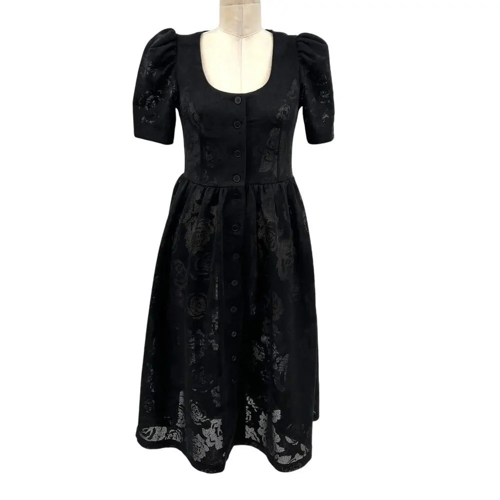 Kurt Lyle Malia Dress Black Lace Puff Sleeve Button Front Size Small