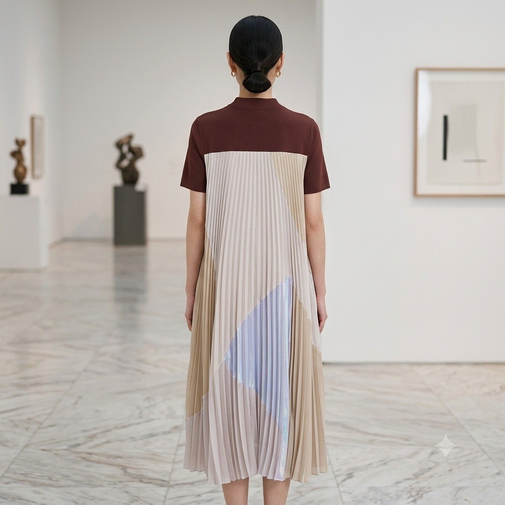 Clu Mixed Media Pleated Midi Dress XS Burgundy Colorblock Mock Neck WL18H4024