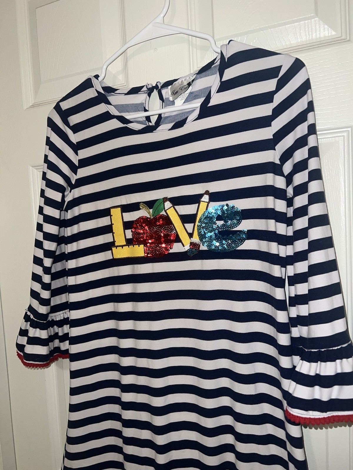 Rare Editions Navy White Striped Shift Dress Back to School “LOVE” Ruffle Trim