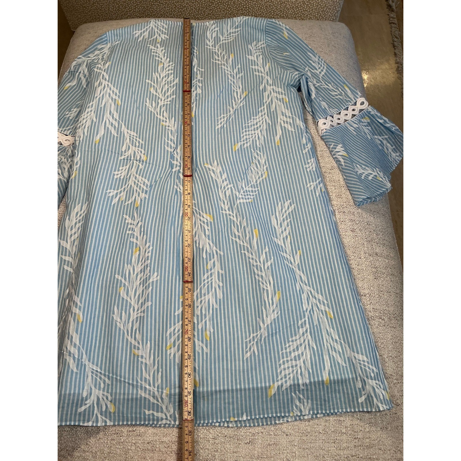 Lilly Pulitzer Blue White Striped Bell Sleeve Lace Trim Shift Dress Small