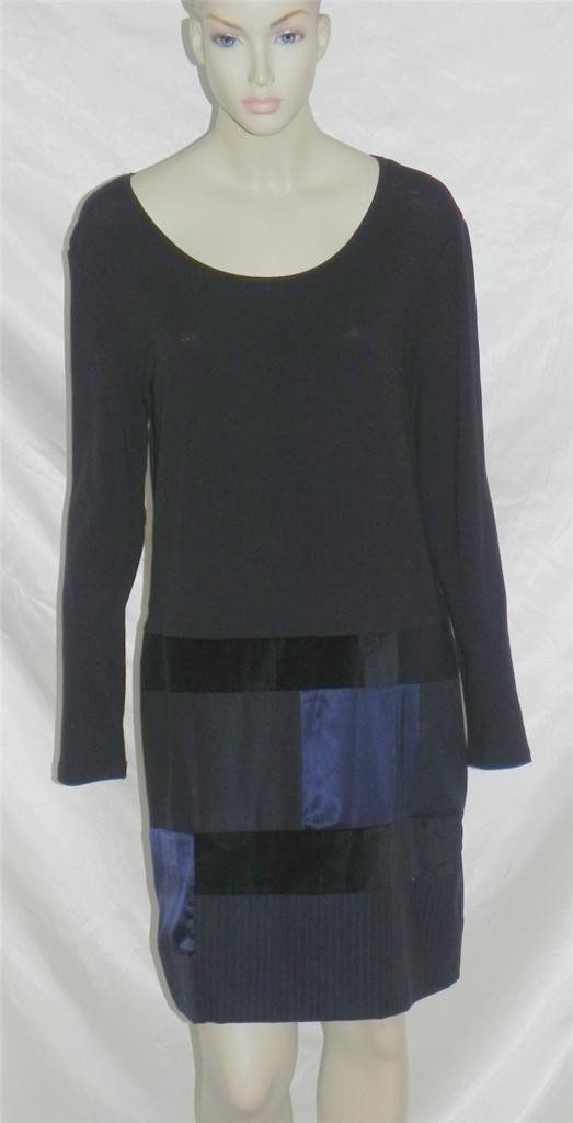 DKNY Black Navy Jersey Velor Satin Cotton Striped Patch Colorblock Dress L