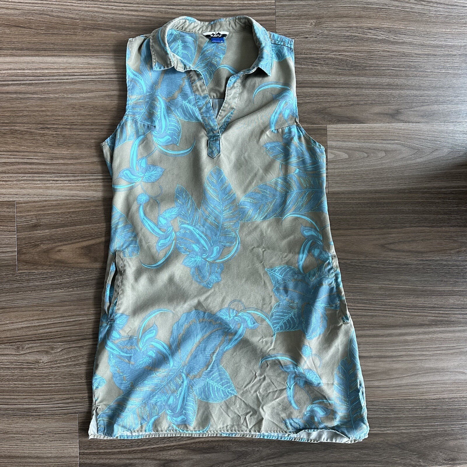 Kavu Women’s Tan Teal Palm Dress Sleeveless V- Neck Pockets Size Medium