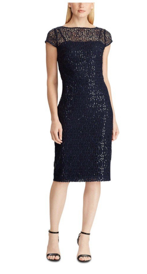 Lauren Ralph Lauren Sequined Lace Sheath Dress sz 14 Cap Sleeve Navy Blue