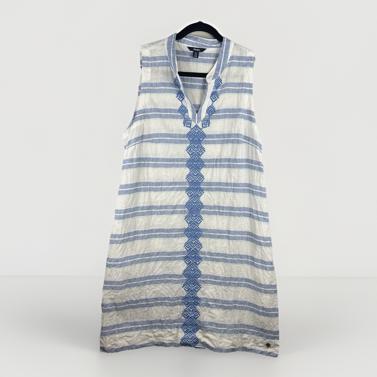 Hatley Linen Striped Shift Dress L Embroidered Sleeveless Pockets Beachy Resort