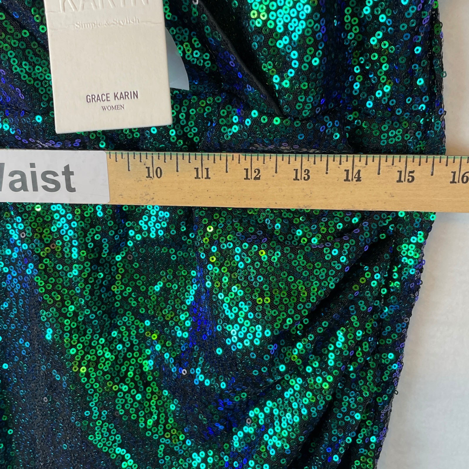Grace Karin Green Sequin Ruched Cocktail Dress XL Iridescent Peacock Mini New