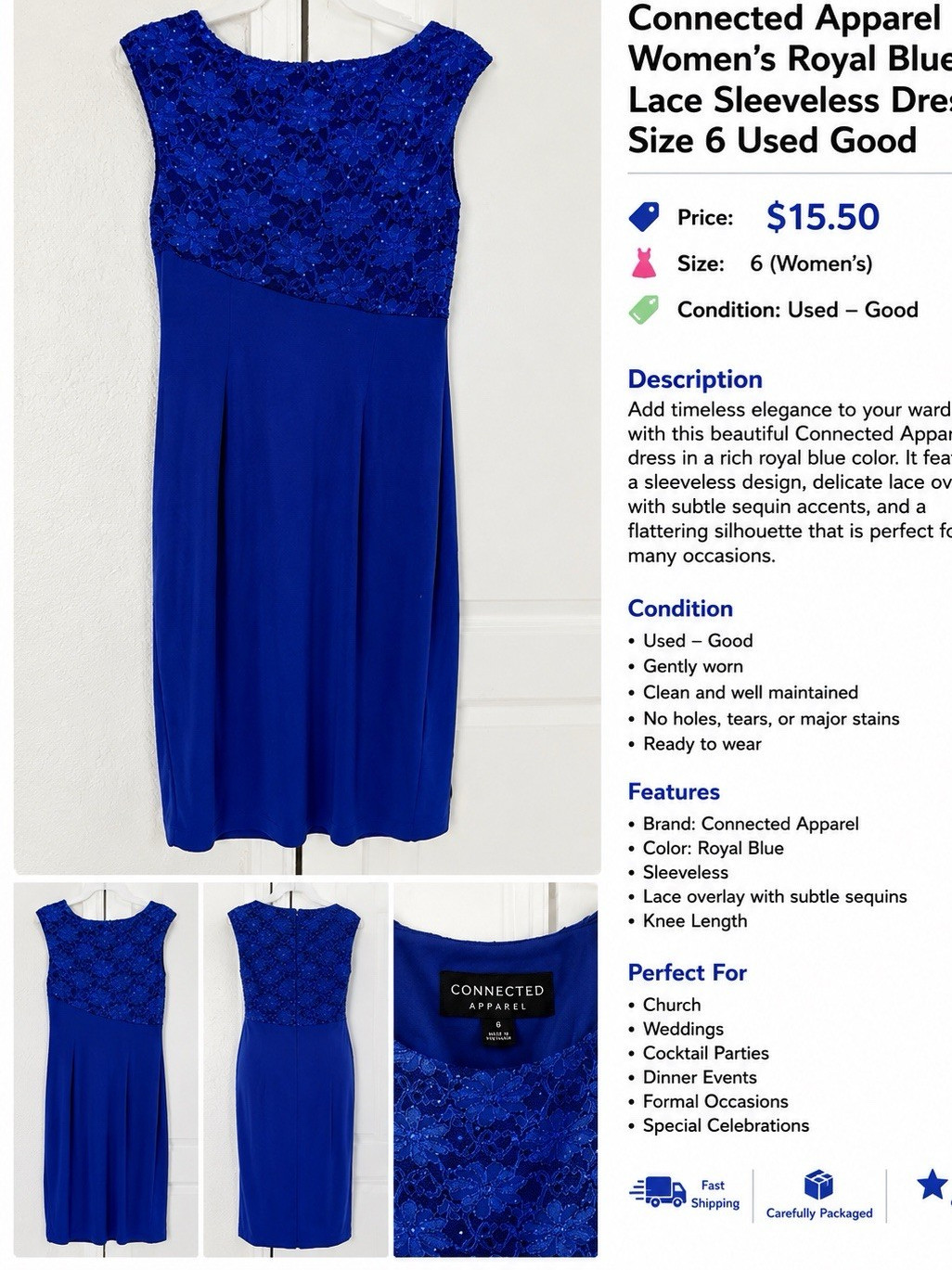 Connected Apparel Royal Blue Floral Lace Sheath Dress 6 Sleeveless Sequin Lined