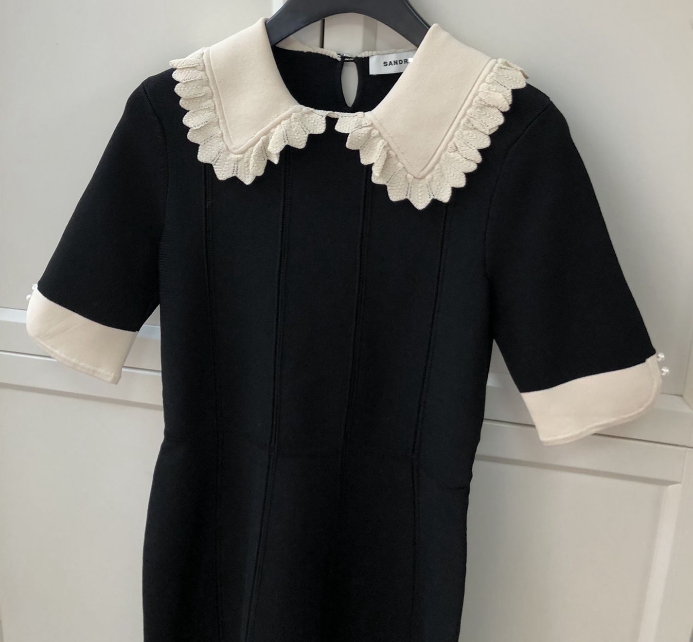 Sandro Lace Collared Pearl Embellished Sleeve Slit Hem Mini Dress