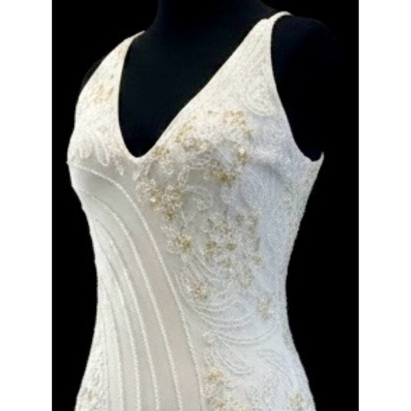 White hand Beaded Ruffle Backless Evening Dress. Power mesh stretch fabric.