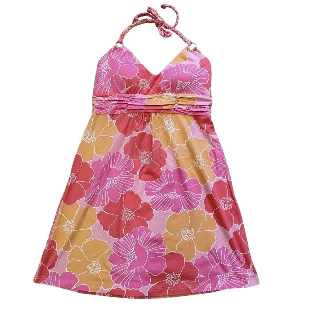 Tommy Bahama Women’s Halter Top Dress Tie Neck Floral Pink Peach Tropical Resort