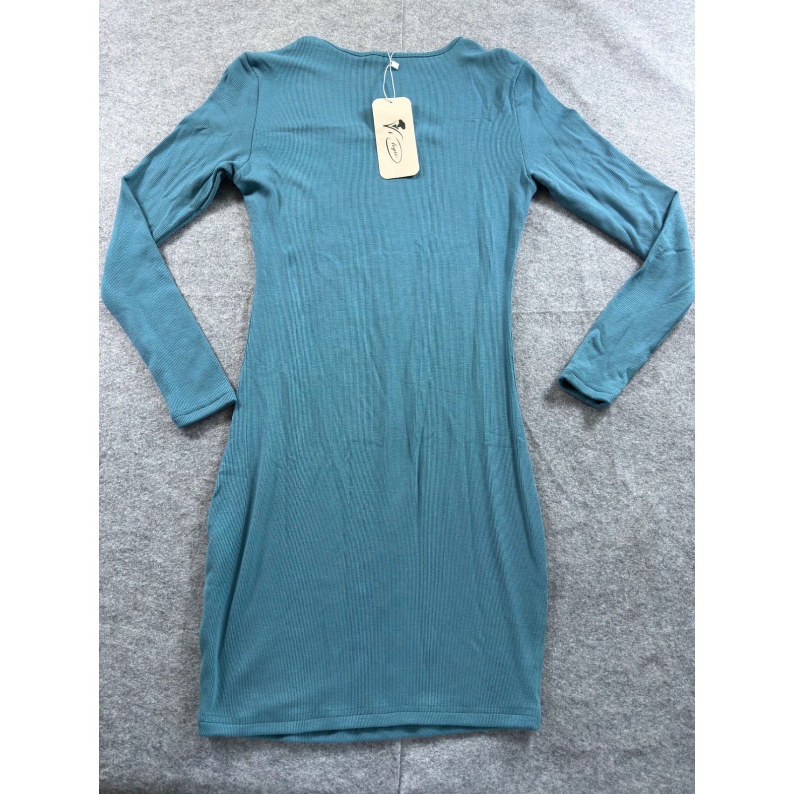 Vichyie Ribbed Bodycon Mini Dress Size S Teal Blue Long Sleeve Square Neck