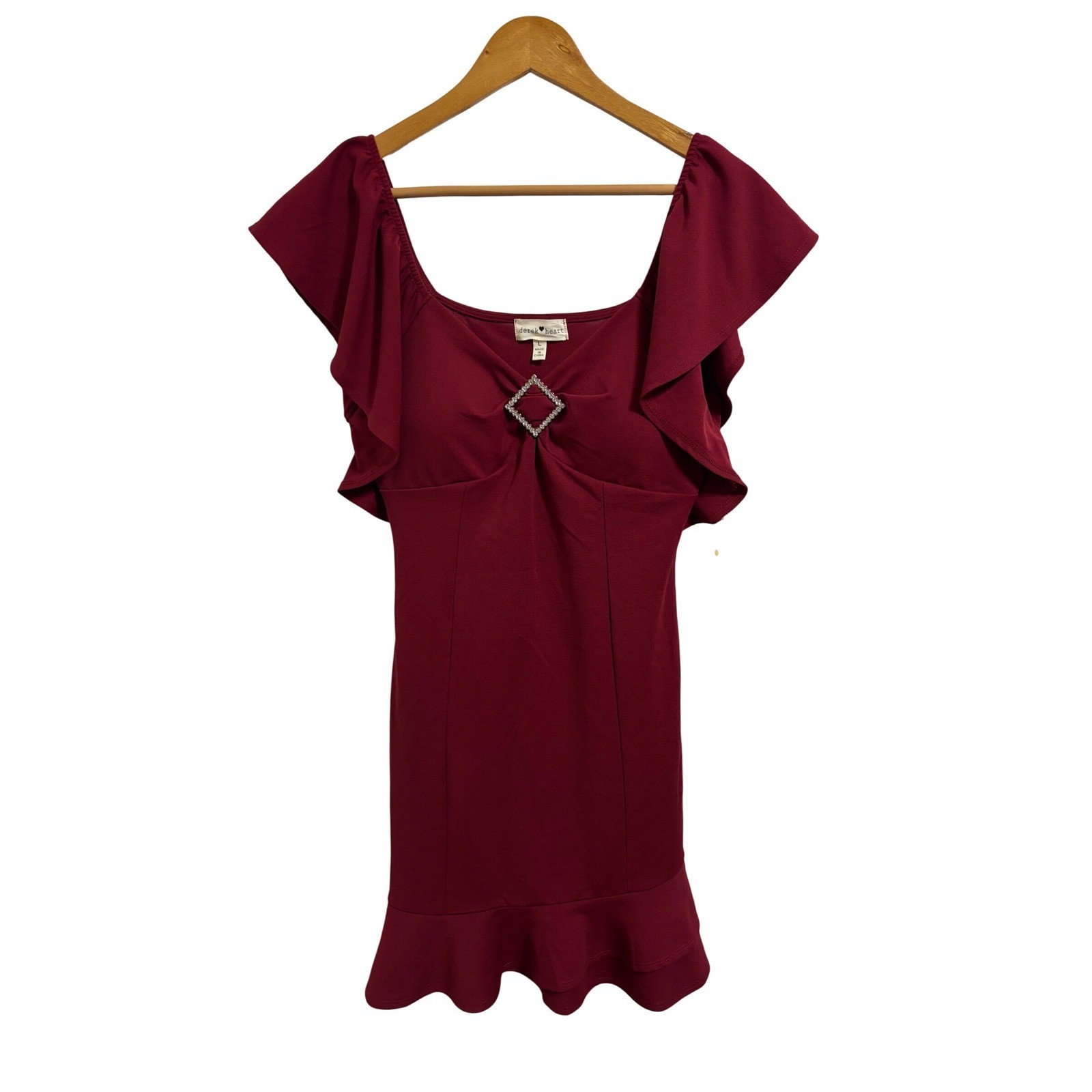 Derek Heart Burgundy Ruffle Flutter Sleeve Rhinestone Mini Dress Coquette L NEW