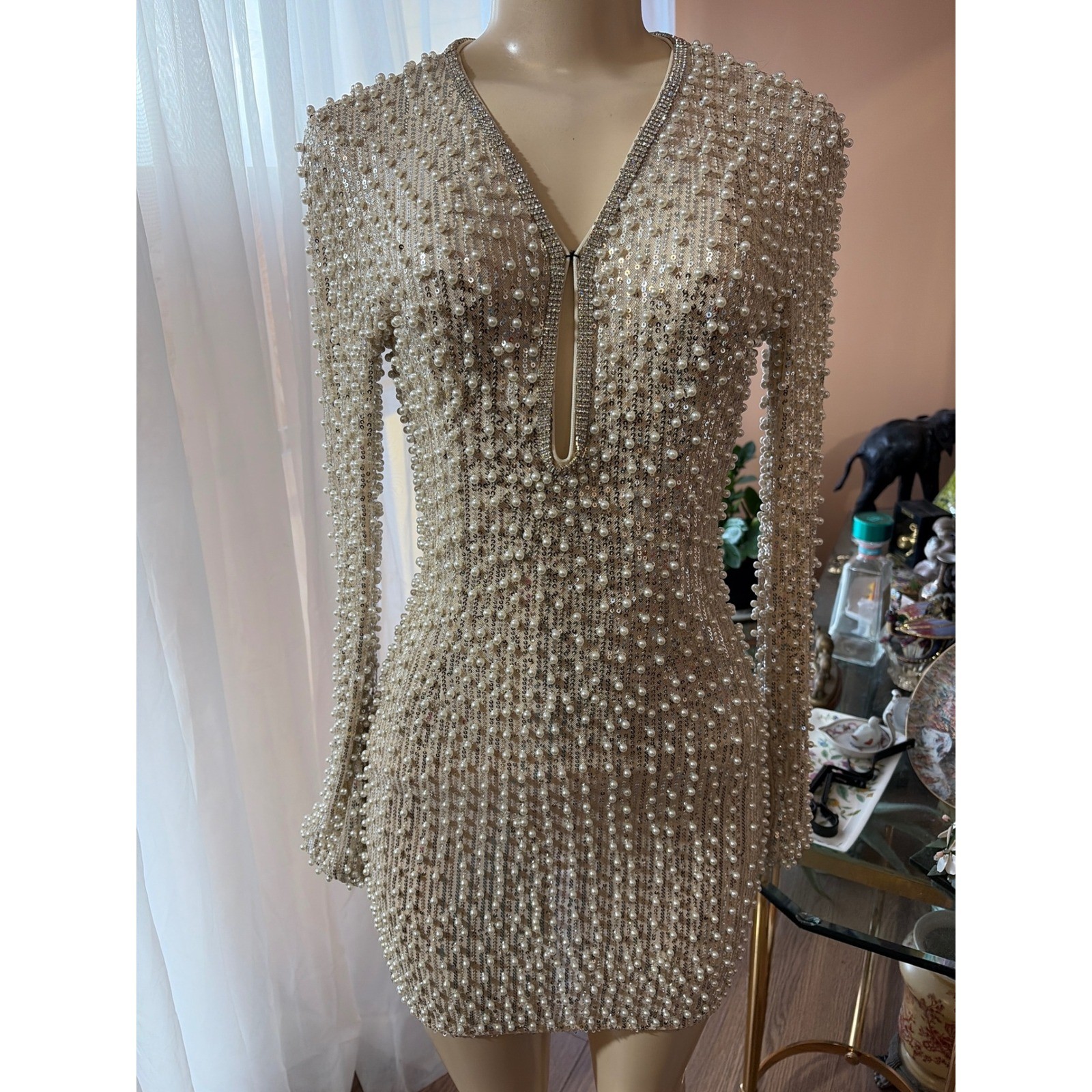 Celebrity Fashion by Hera Collection Pearl Sequin Mini Dress Gold Nude Small