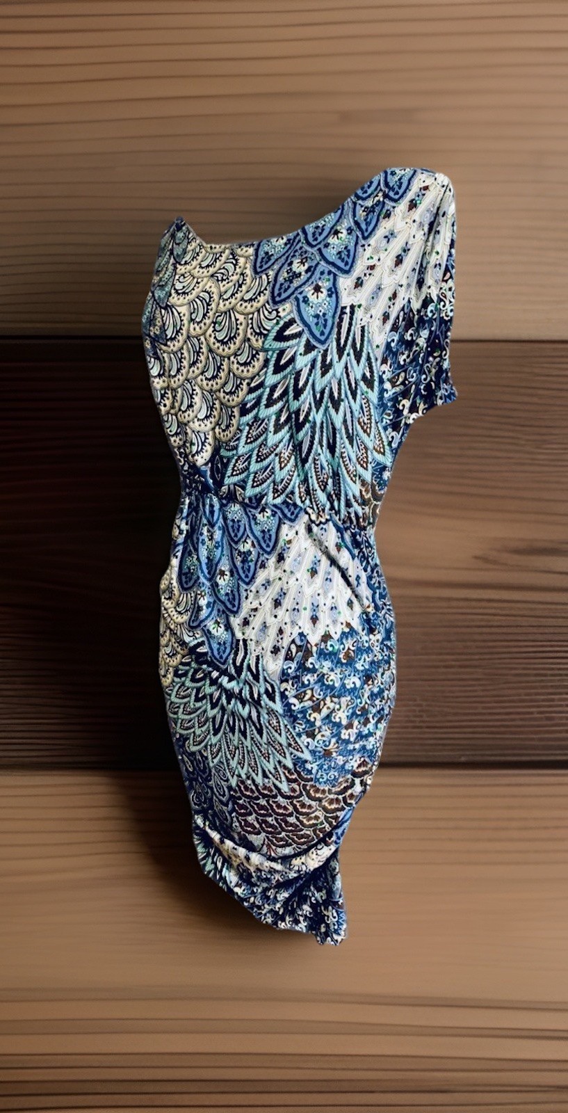 Blue Brown Sequin Peacock Ruched Blousen Dress Vintage 90’s Made In USA Women XS