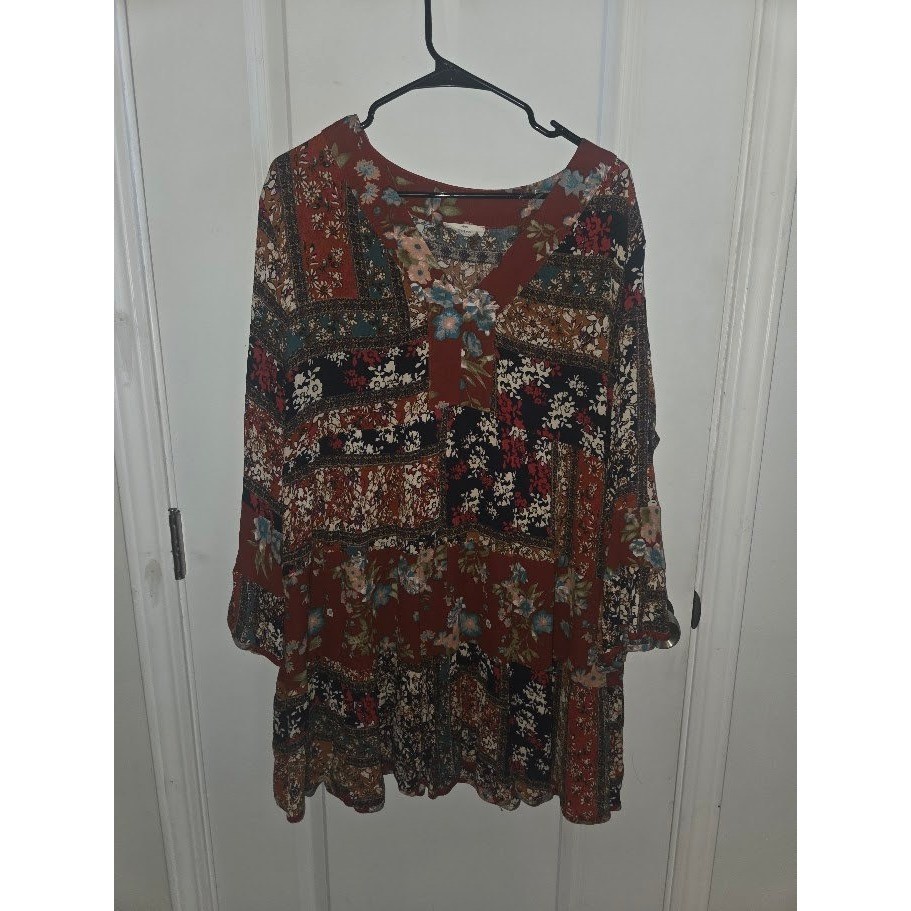Entro Boho Patchwork Floral Rayon Mini Dress Rust 1X D13038P