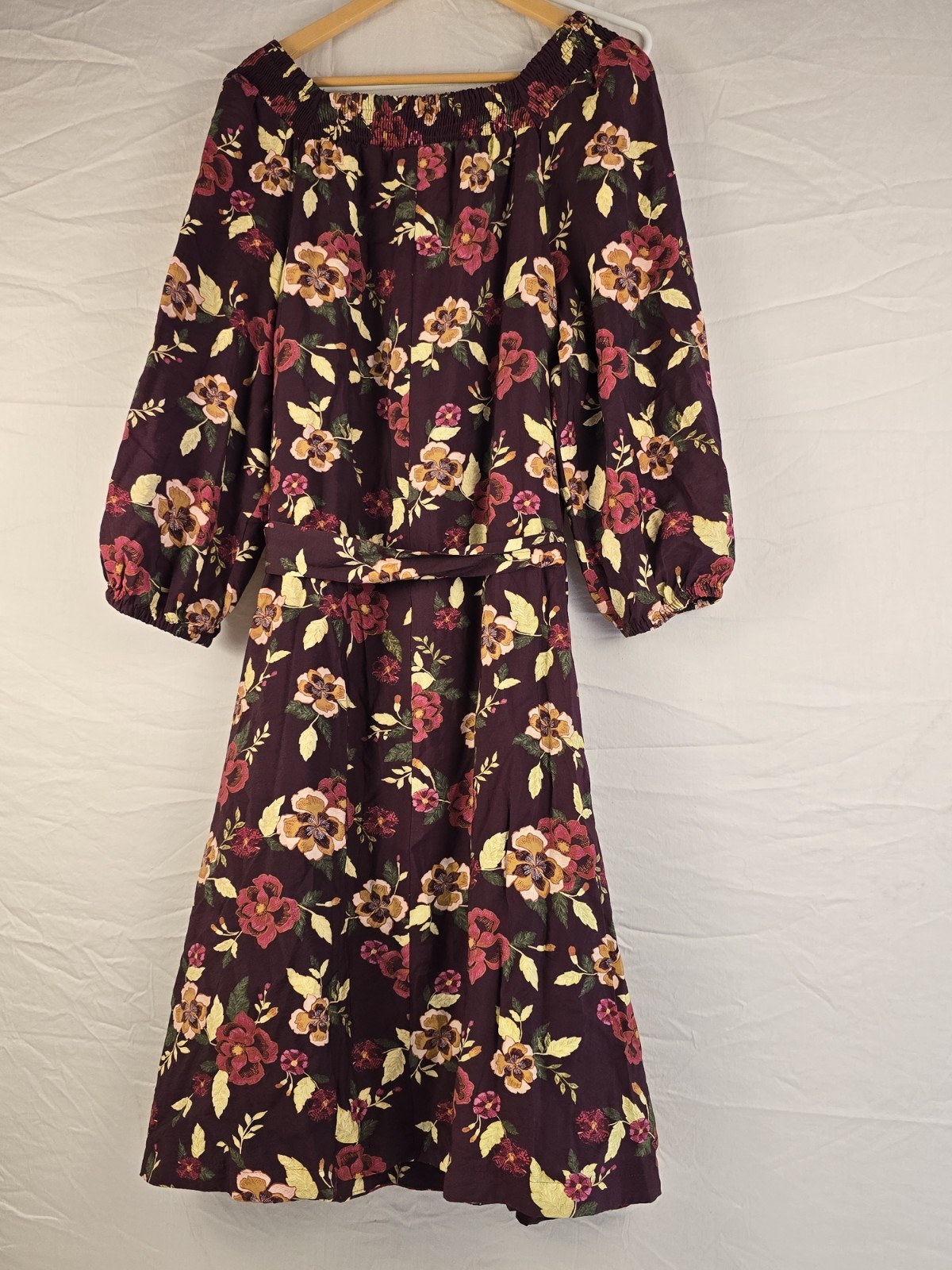 Lane Bryant Purple Floral Smocked Square Neck Belted Lined Midi Dress 14/16