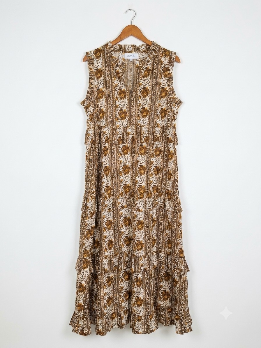 LIVRO Floral Block Print Tiered Maxi Dress Sleeveless Boho Ruffle Hem Earthy L