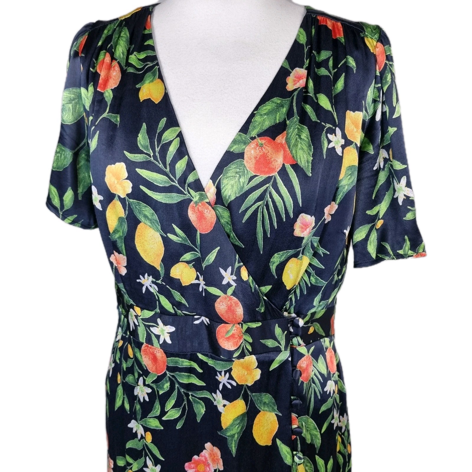 Monsoon Fruit Print Wrap Midi Dress UK 14 Navy Lemon Floral Tea Dress