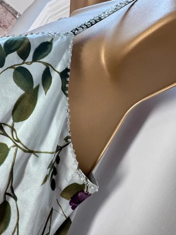 Monsoon 100% Silk Vintage Floral Cami Midi Dress UK 14 Sage Green Wedding Guest