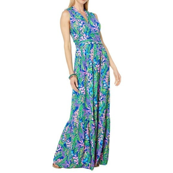 Lilly Pulitzer Pearce Maxi Dress XS Pink Blue Green Animal Jungle Sleeveless Wom