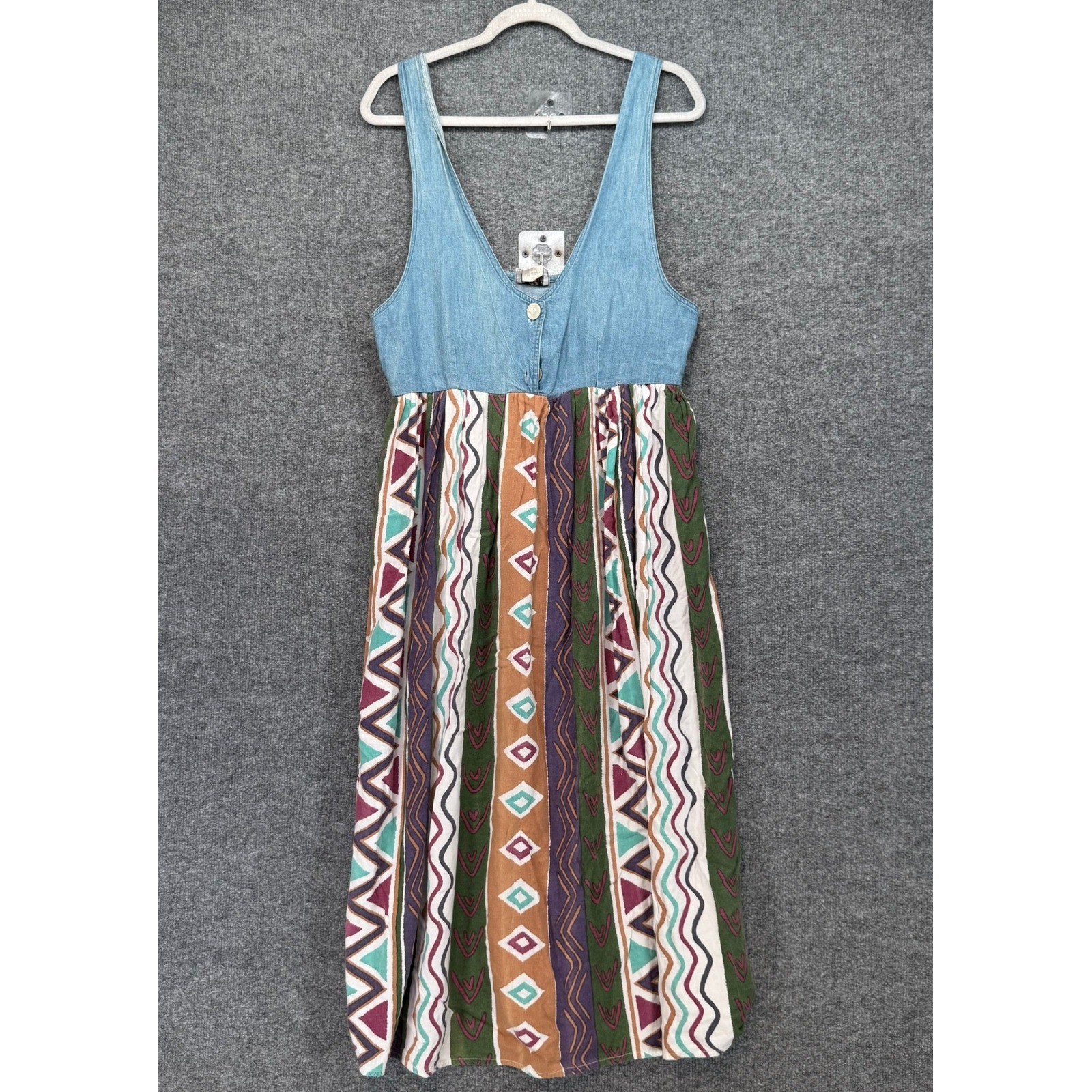 Vintage 90s Midi Dress Womens Medium Blue Denim Boho Southwestern 90s Mom