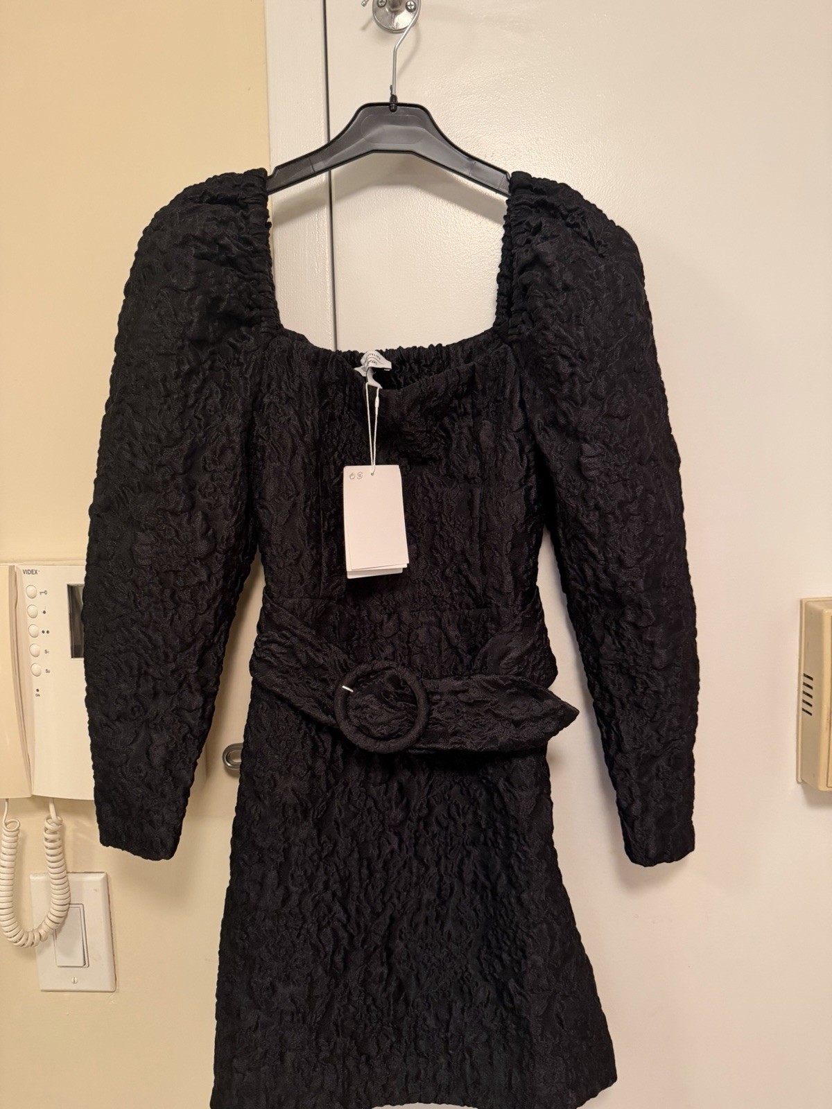 & Other Stories Belted Puff Sleeve Jacquard Mini Dress Black Size 6