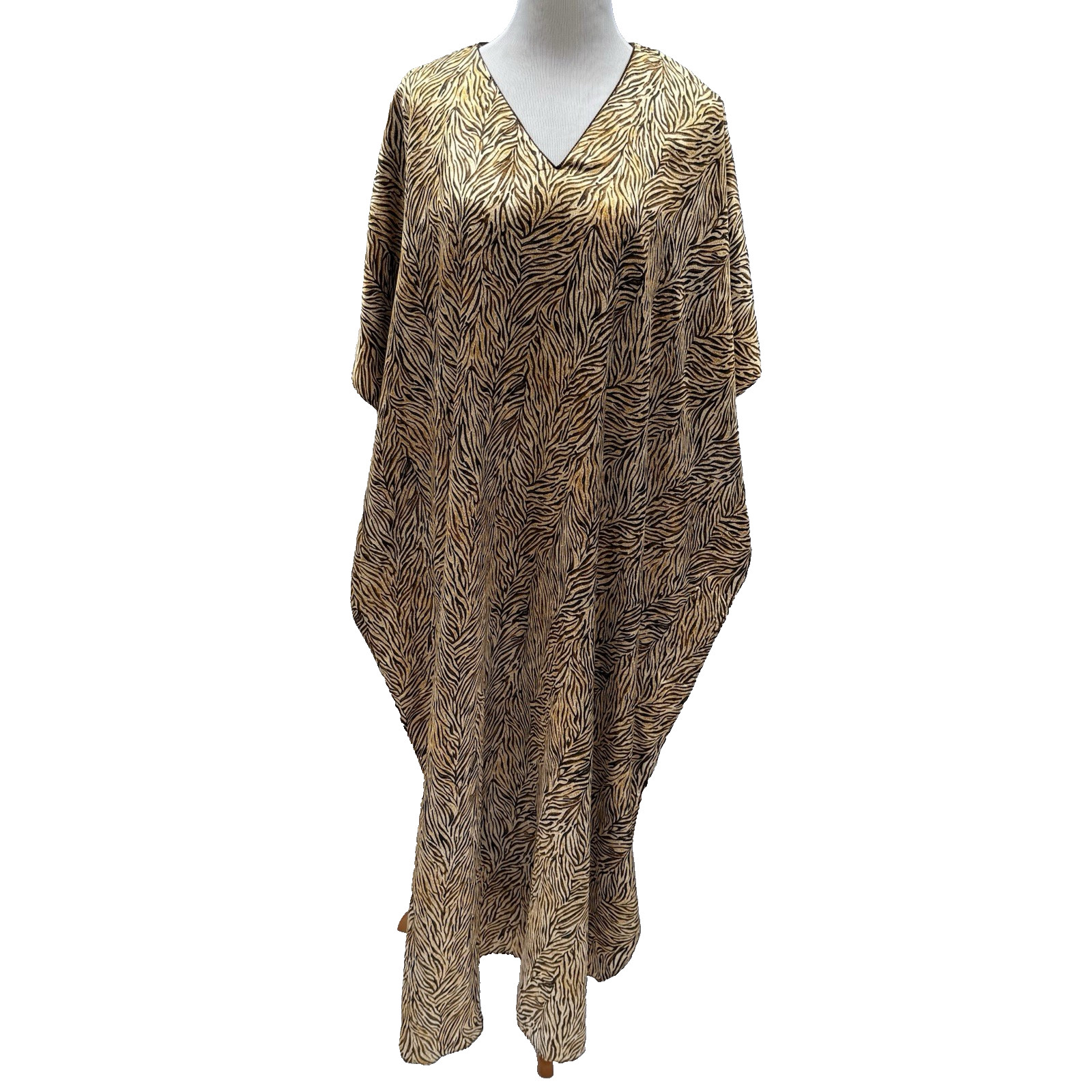 Winlar Maxi Kaftan Mumu Beach Coverup Dress OS Brown Gold Stripe/Zebra Print