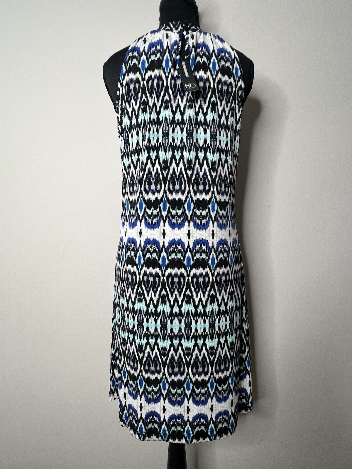 New Directions Ikat Belk Blue Green Ikat Halter Dress Beaded Collar Small Belk