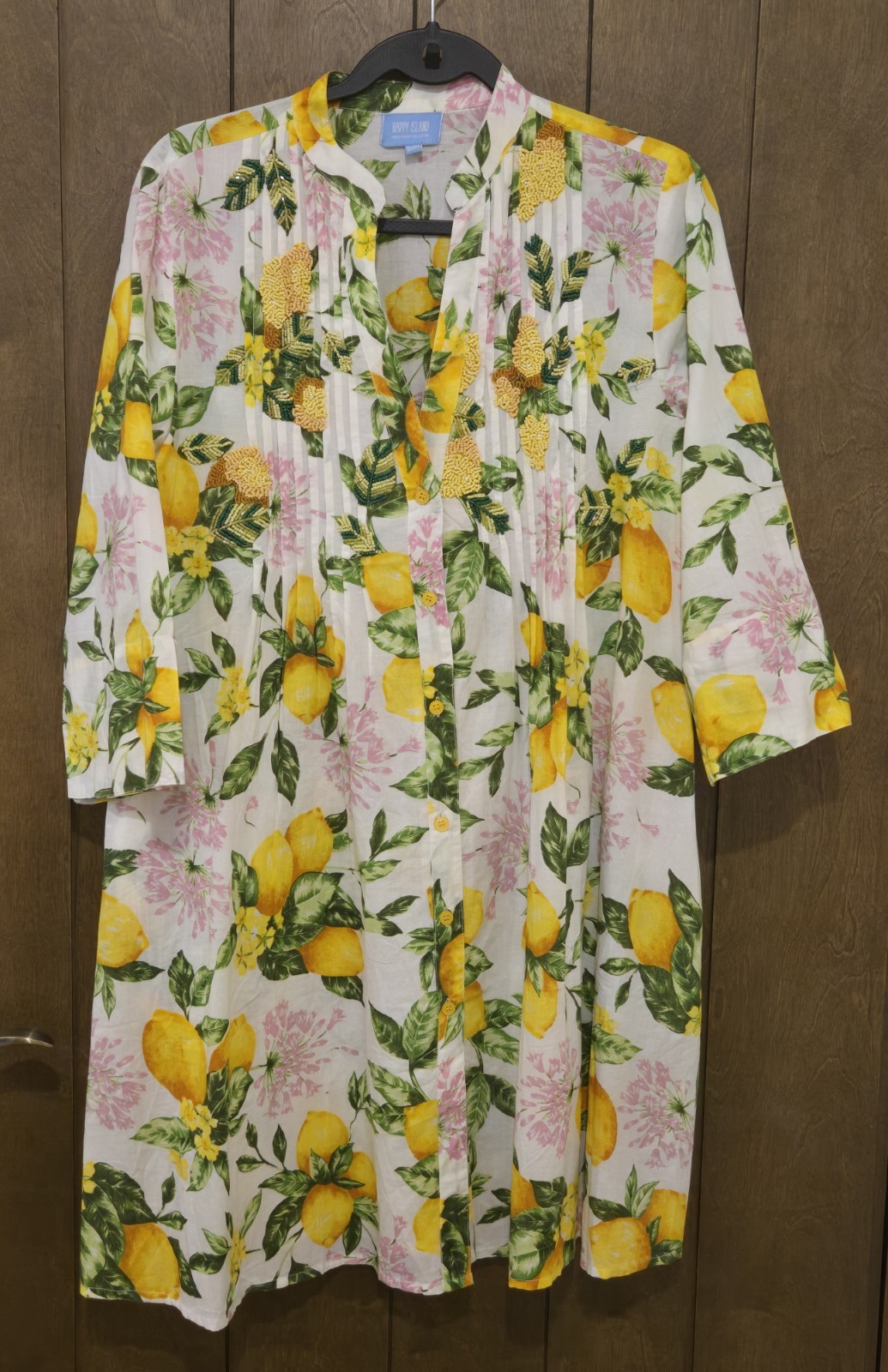 Happy Island White Lemon Floral Beaded Button 3/4 Sleeve Blouse Size S/M