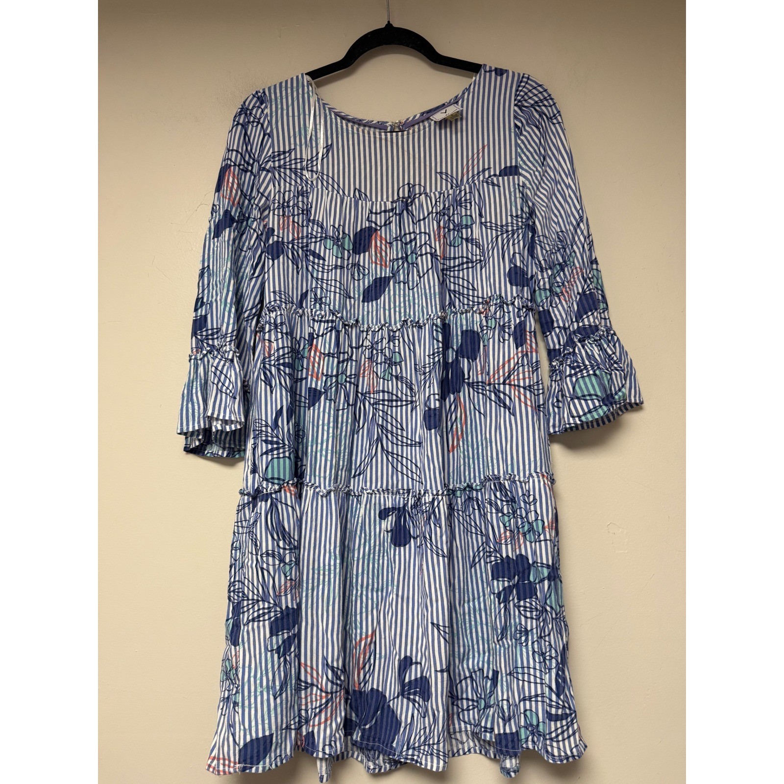 Violet Weekend Women’s Blue Striped Floral Print Tiered Dress – S