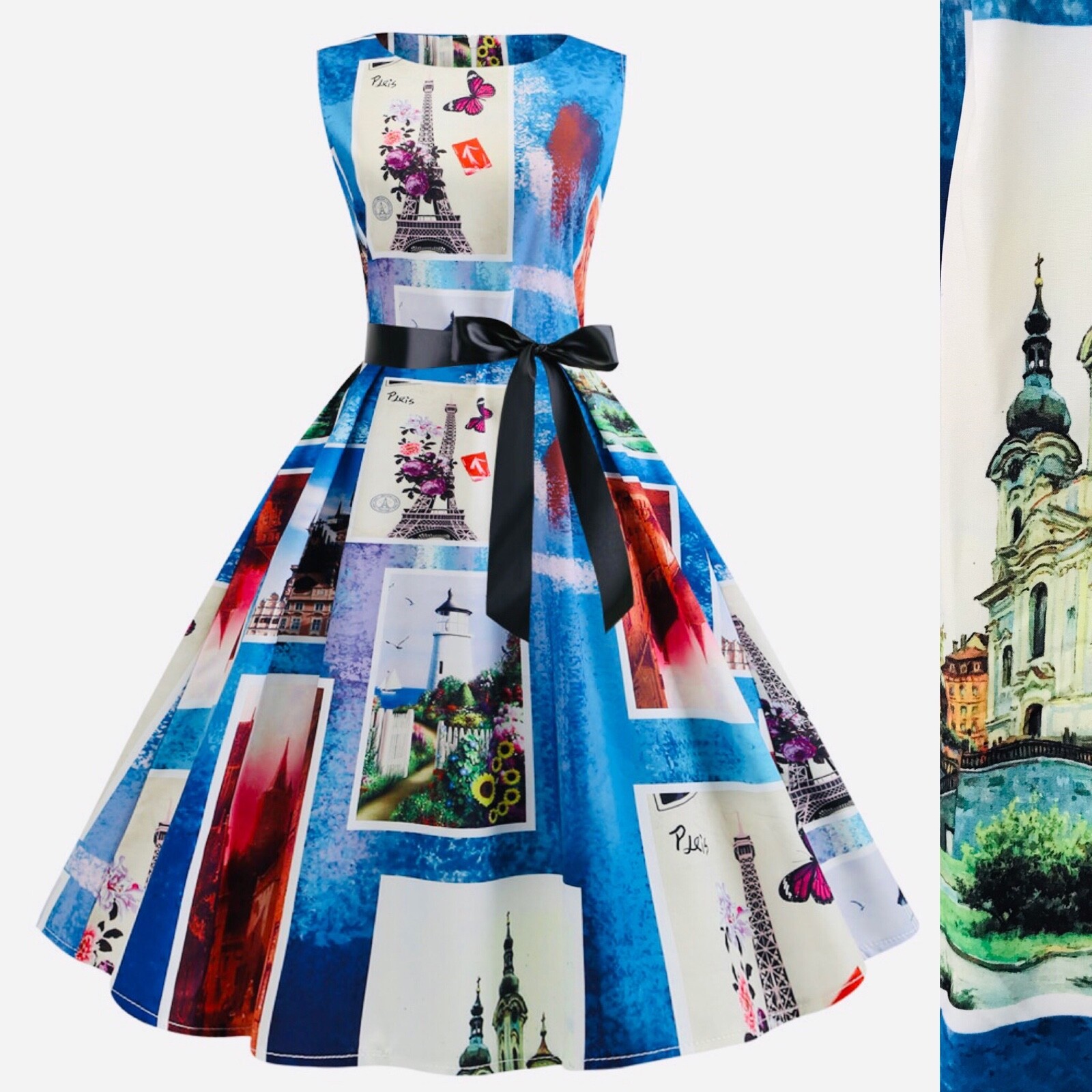 New PARIS Photo Print Retro ROCKABILLY Pin-Up DRESS Small