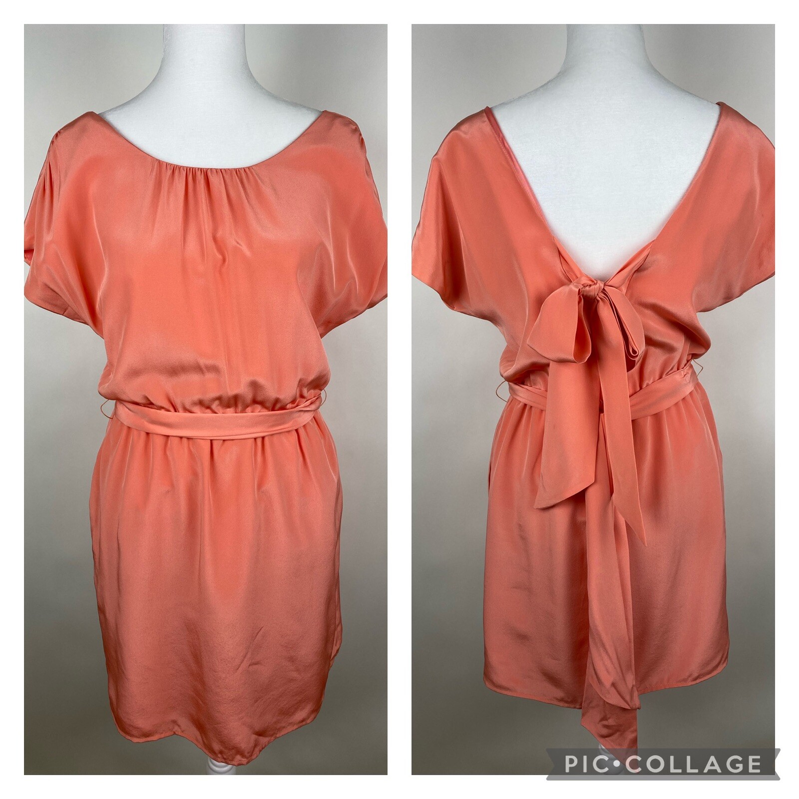 Leona By Lauren Leonard Coral Women’s S 100% Silk Open Tie Back Blouson Dress
