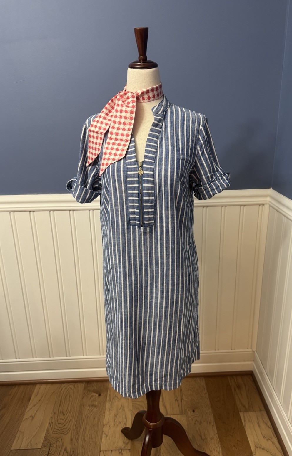 Anne Klein Shirt Dress Striped Blue White Collared Button Short Sleeve 2