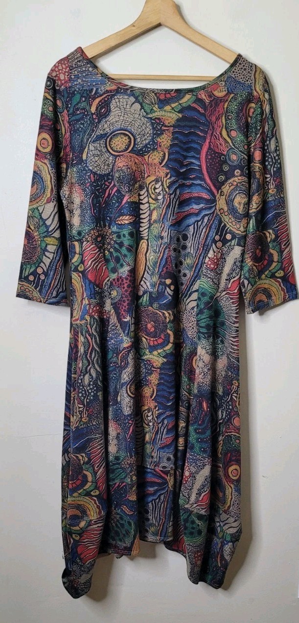 Shana Boho Bubble-Hem Midi Dress Small Lagenlook 3/4 Sleeve Stretch Artsy