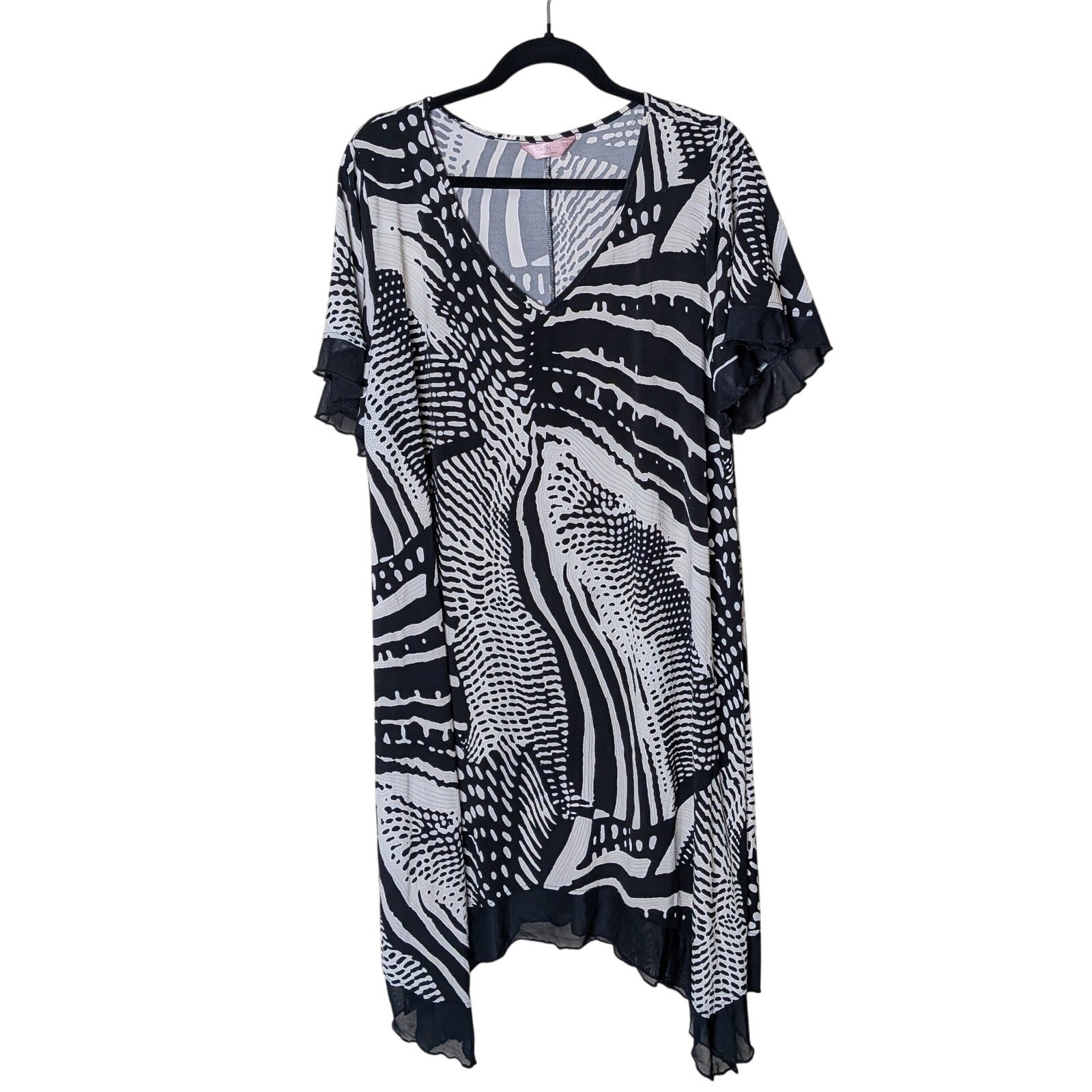 SJS Black and White Abstract Print Handkerchief Hem Dress Size 2X Artsy Boho