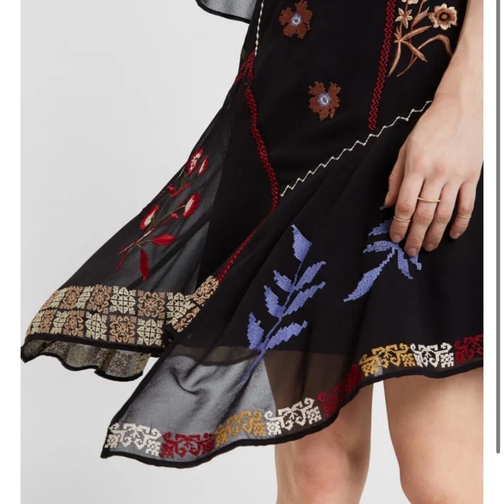 Desigual Boho Lemark Asymmetrical Cross-stitch Dress Size EU 42=8 Black Floral