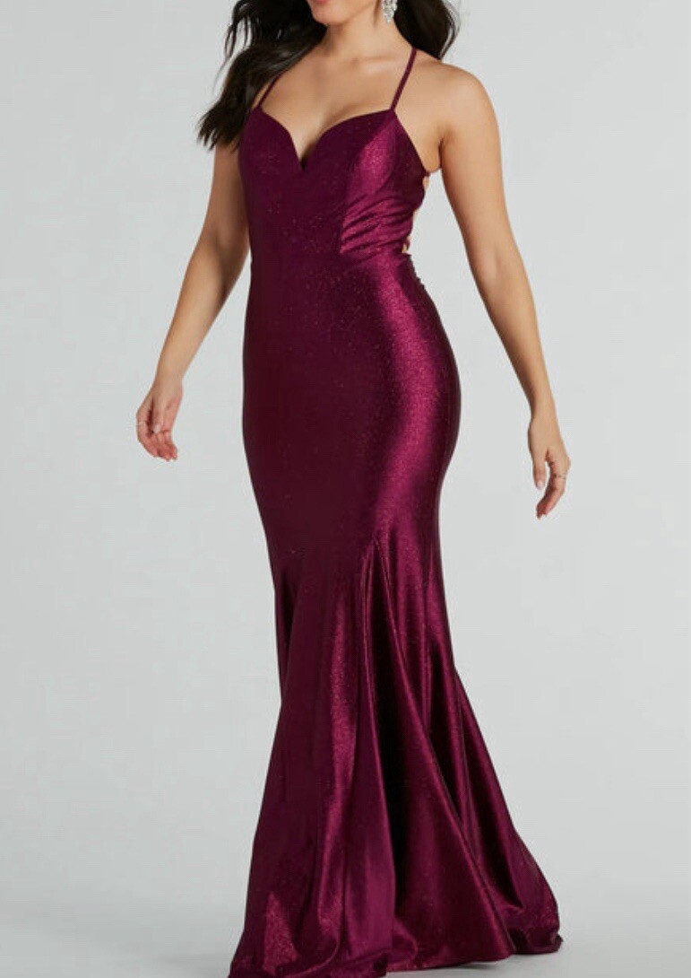 Plum Mermaid Silhouette Glittery Satin Formal Dress S