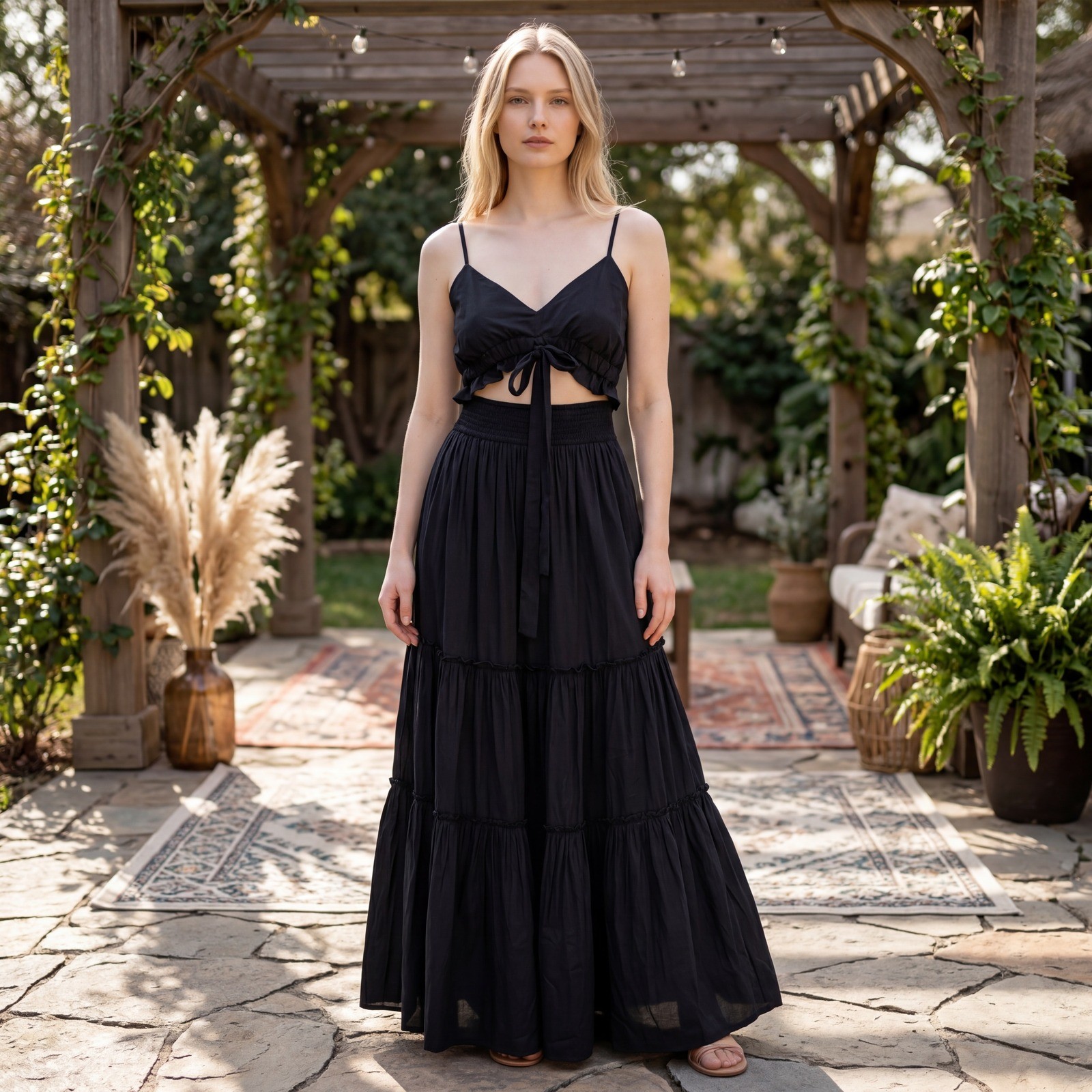 Boho Chic Goth summer Flowy Black Tiered Maxi Dress Cutout Tie Front Small NWT