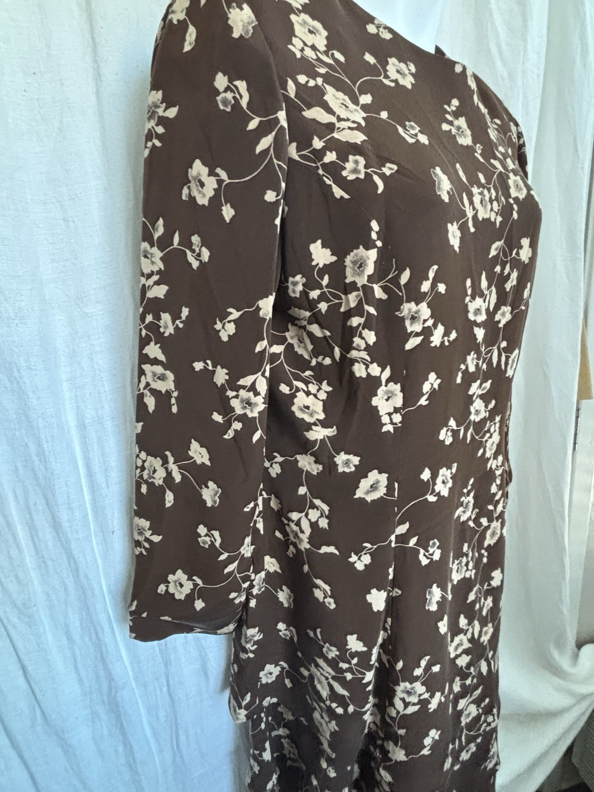 VTG Brown Beige graphic Floral Print Dress 100% Silk Back Zip Tiers PATRICK 14