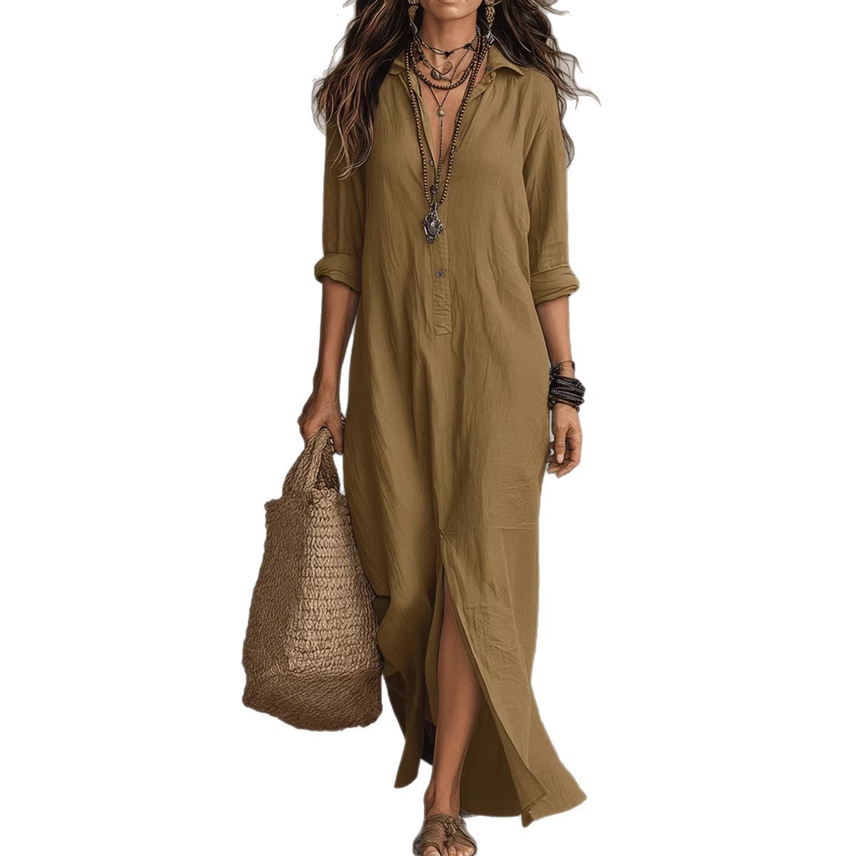 Long-sleeve Maxi Dress Casual Solid Color Lapel Collar Side Slit Beach Dresses W