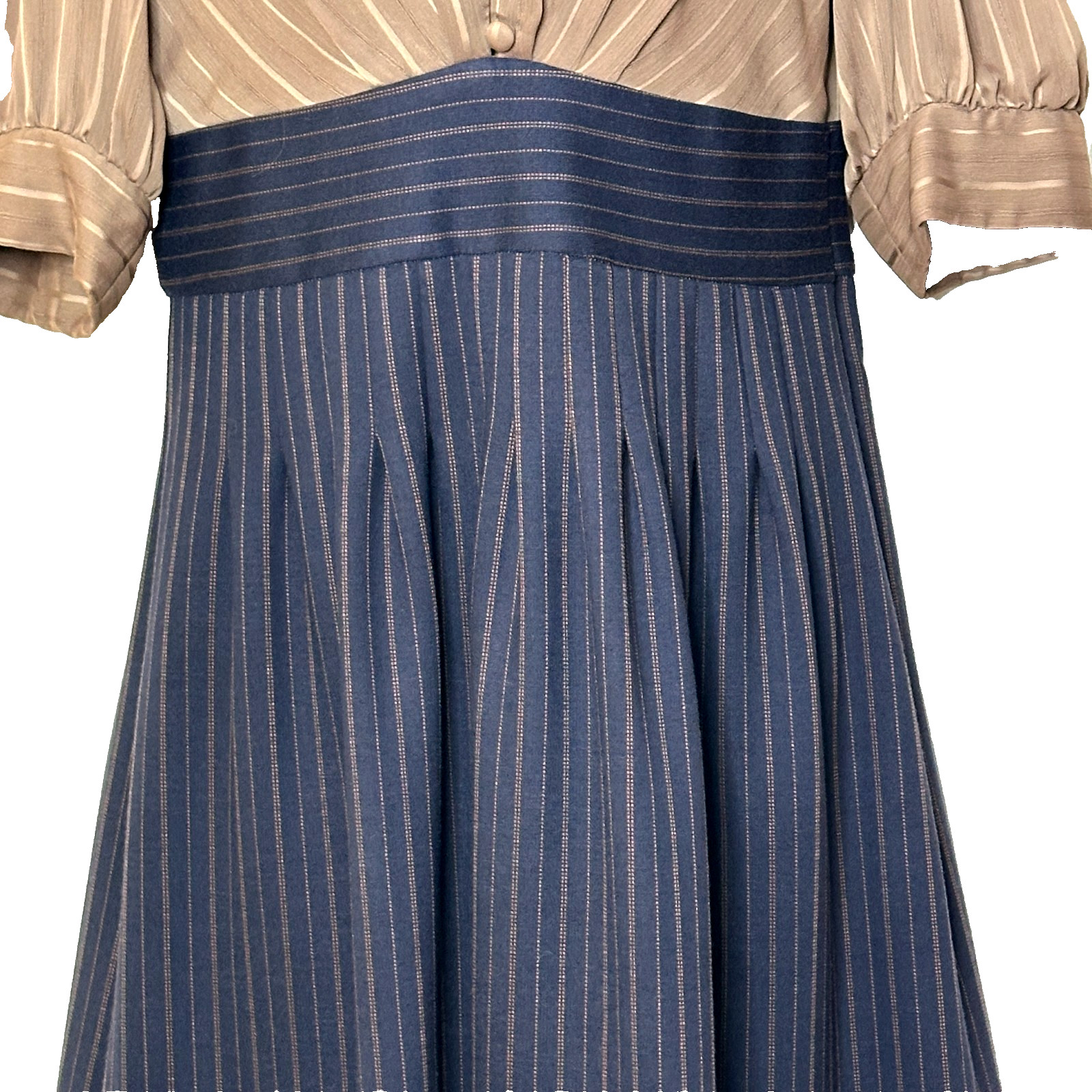 Rabbit Rabbit Rabbit Designs Tan Navy Pinstripe Balloon Sleeve Dress Women’s 8