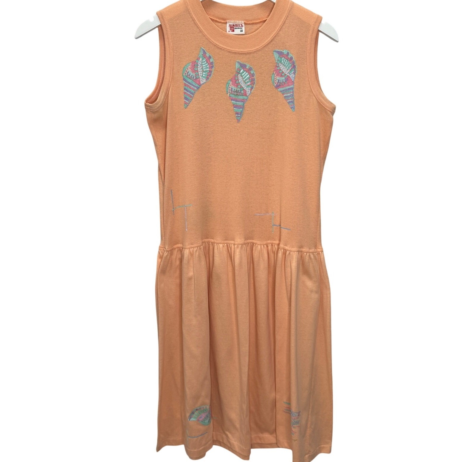 Vintage Sunbelt Sleeveless Midi Dress Coral Orange Puffy Seashells Birds Size L
