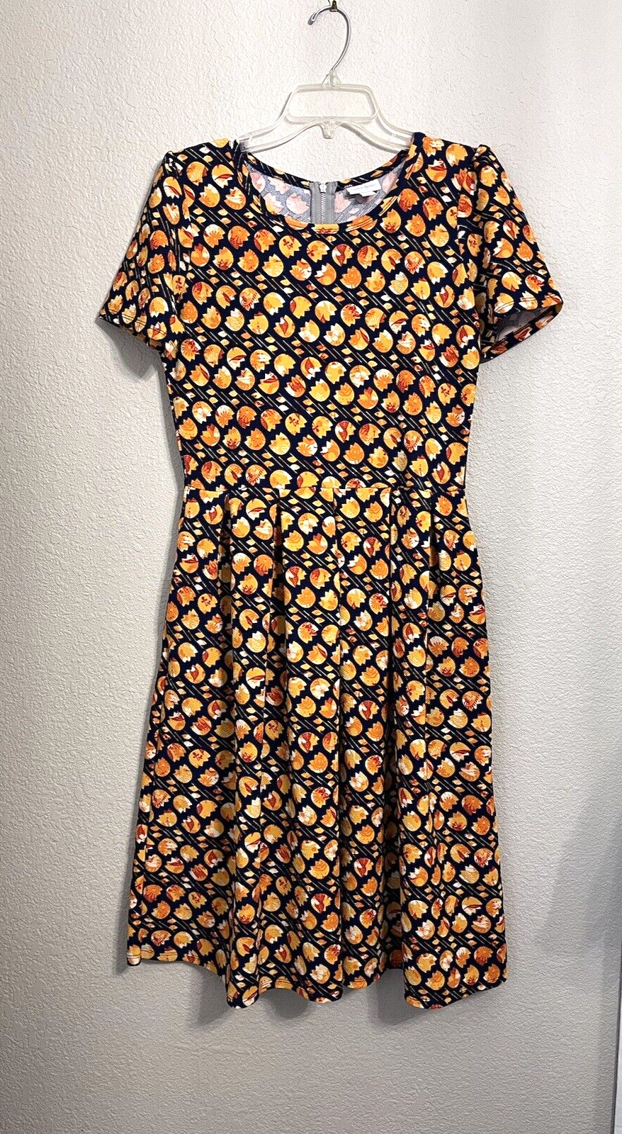 LulaRoe Dress Womens L Blue Floral Short Sleeve Fit &Flare Pockets Zipper Pleats