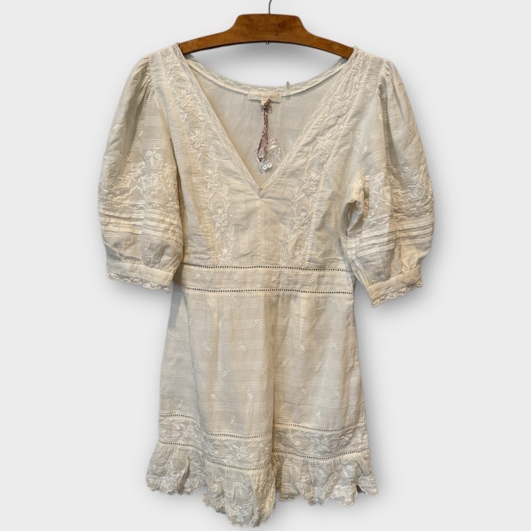 LoveShackFancy Lena V-Neck Embroidered Mini Dress Size Large